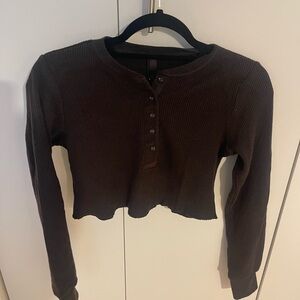 SKIMS Waffle Chocolate Brown Long Sleeve Henley Top